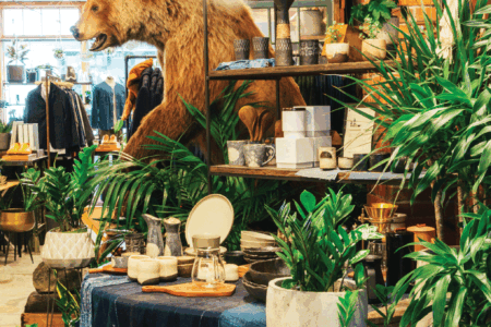 A vibrant shop interior featuring lush green plants and a variety of displayed goods such as pottery and home decor. A large stuffed bear is prominently placed on a shelf, adding a unique touch to the eclectic setting.