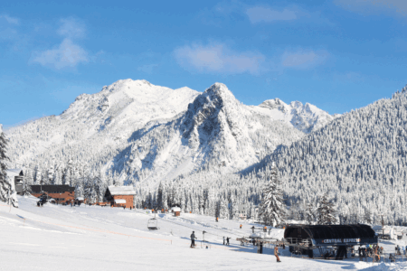 Snow-covered mountain landscape with a ski resort. Skiers and snowboarders are seen on slopes and near ski lifts. A clear blue sky contrasts with the white snow and pine trees, creating a picturesque winter scene.