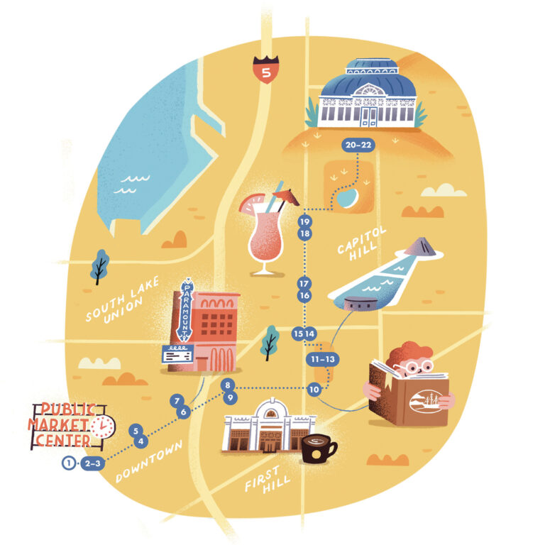 Illustrated map showing a city with landmarks such as a market center, a lake, Capitol Hill, a theater, and a stadium. Icons include a coffee cup, a cocktail, a book, and a theater marquee, connected by numbered points along a yellow path.