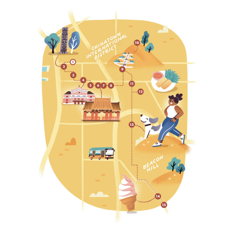 Illustrated map highlighting the Chinatown-International District and Beacon Hill. Features numbered landmarks, trees, streets, a person walking a dog, a building, and ice cream. Vibrant colors and playful design.