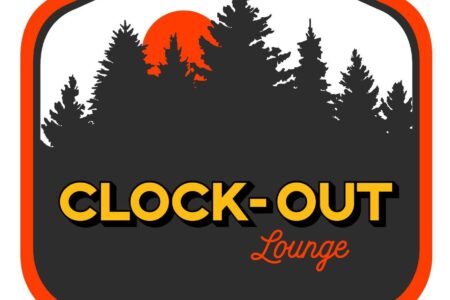 Logo of Clock-Out Lounge featuring a silhouette of trees against an orange sunset backdrop. The text 
