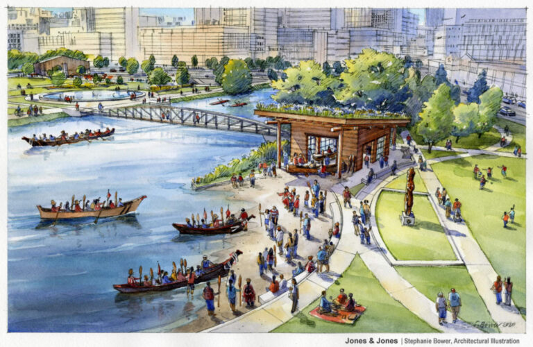 Illustration of a vibrant waterfront park. People stroll near a modern pavilion and statue, while others paddle in boats on the river. A bridge connects the banks, and tall buildings rise in the background.