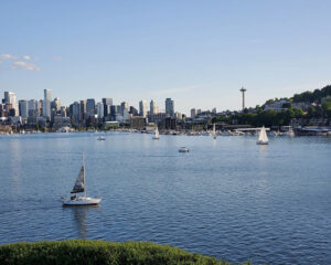 Skyline view of Seattle with boats on the water