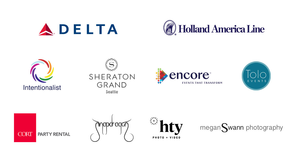 Collage of logos from various companies including Delta, Holland America Line, Intentionalist, Sheraton Grand Seattle, Encore, Tolo Events, CORT Party Rental, Shogabon, HTY Photo + Video, and Megan Swann Photography.