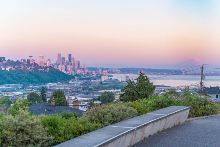 The Seattle skyline at sunset from Ella Bailey Park in Magnolia