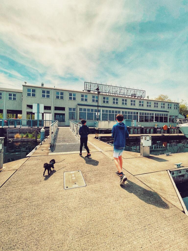 Two people walk along a dock under a partly cloudy sky, with a small black dog. Behind them is a large building with multiple windows. The setting has a calm, outdoor atmosphere.