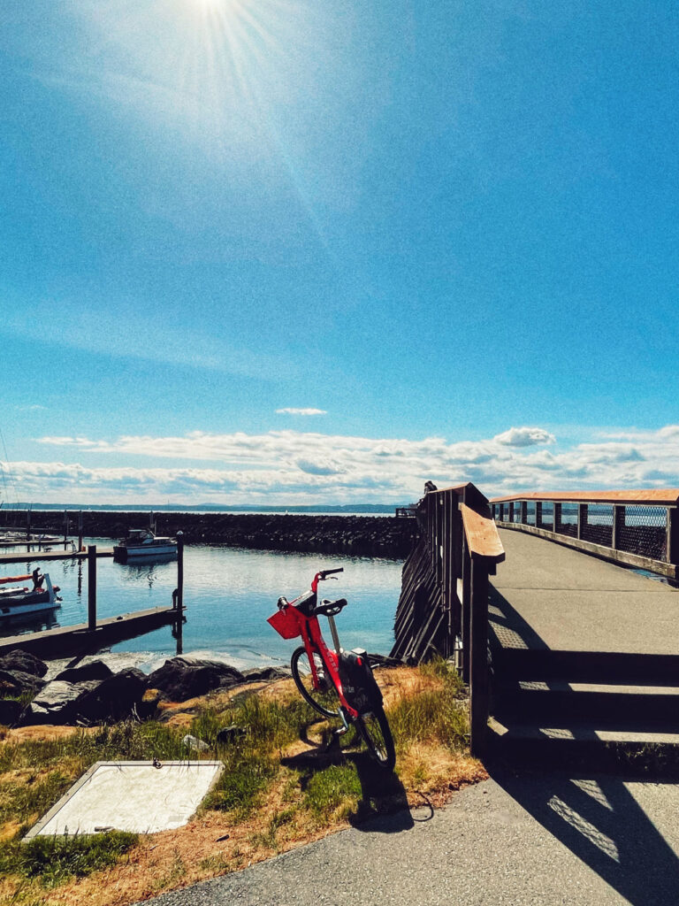 A red bicycle is parked near a path leading to a wooden pier over a small harbor with boats. The sun shines brightly in a clear blue sky, casting shadows on the ground.
