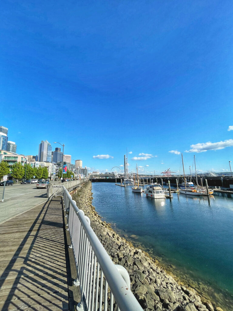 A scenic view of a waterfront promenade with sailboats docked at a marina. The city skyline, with modern buildings, is visible in the background under a clear blue sky. The pathway is lined with a metal railing and casting shadows on the ground.