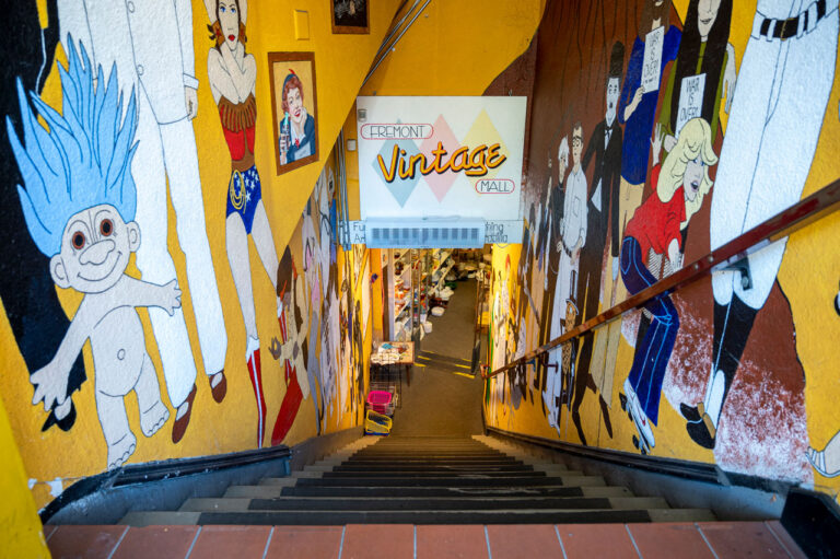 A stairway leads down to a vintage shop, with vibrant murals on both walls depicting various cartoonish and colorful characters. A sign above the entrance reads "Fremont Vintage Mall." The store interior is partially visible at the bottom.