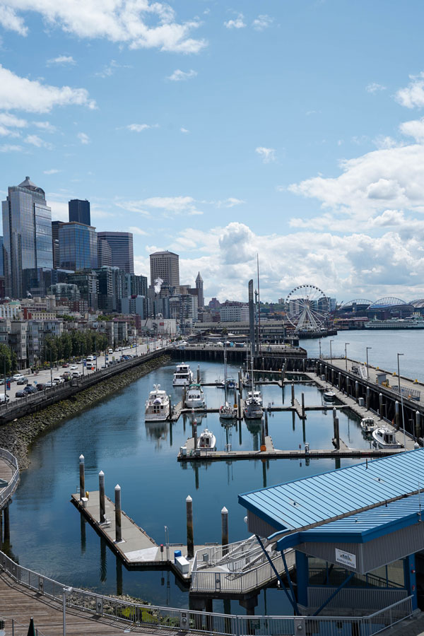 A marina with boats docked in calm water, a city skyline with tall buildings, and a Ferris wheel in the distance under a blue sky with scattered clouds.