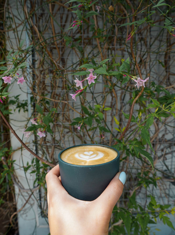 A hand holding a cup of coffee with latte art against a background of green vines and pink flowers.