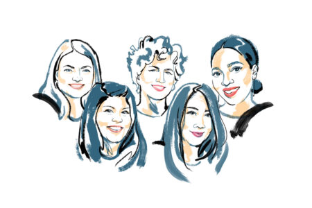 Illustration of five diverse individuals with smiling expressions. The drawing style is sketched and colorful, highlighting different hairstyles and facial features against a white background.