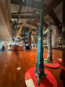 Two LEGO towers are displayed in main lobby of MOHAI.