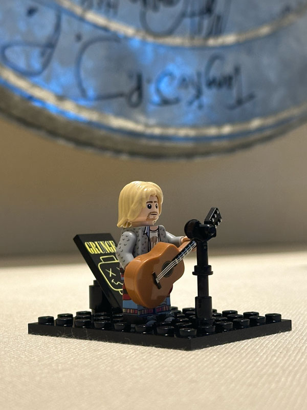 A grunge-themed LEGO minifig, hidden in the music display at MOHAI.