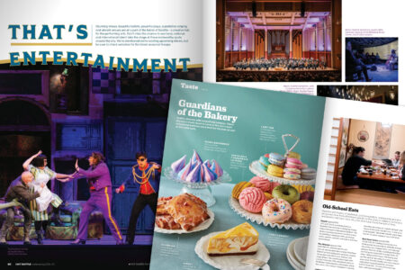 A collage of magazine pages featuring a theater performance, a symphony orchestra, colorful pastries labeled 