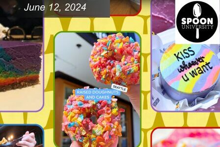 Colorful graphic collage with one photo of raised donuts with Fruity Pebbles on top and a rainbow cake that says 