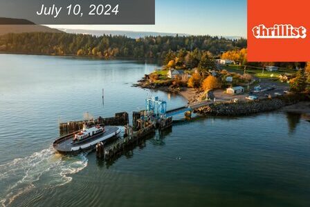 Aerial view of a small car ferry servicing Lummi Island, Washington