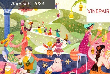 Colorful graphic of people drinking beers at an outdoor bar and children playing on a hill in the backdrop.