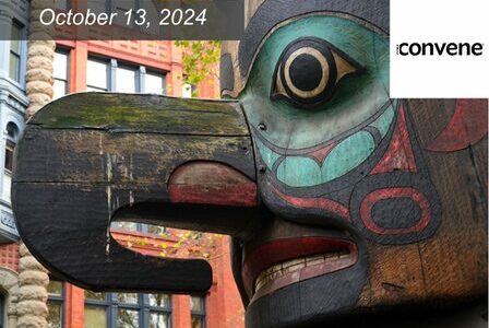 Close-up of a colorful totem pole in Pioneer Square, Seattle