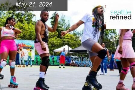 Four people dance with roller blades on