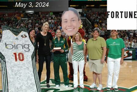 Six women pose on a basketball court holding a large cut-out of Sue Bird.