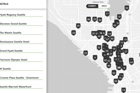 Map of Seattle showing hotel locations with numbered markers. A list of hotels on the left includes Hyatt Regency, Sheraton Grand, Westin, Renaissance, Grand Hyatt, Fairmont Olympic, W Seattle, Crowne Plaza, and Seattle Marriott Waterfront.