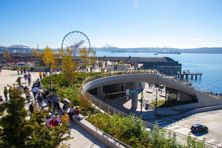 A scenic view of a waterfront park in Seattle, bustling with people enjoying a sunny day near the iconic Ferris wheel. The park features pathways surrounded by greenery, against a backdrop of calm waters and distant industrial cranes under a clear blue sky—perfect for your list of things to do in Seattle.