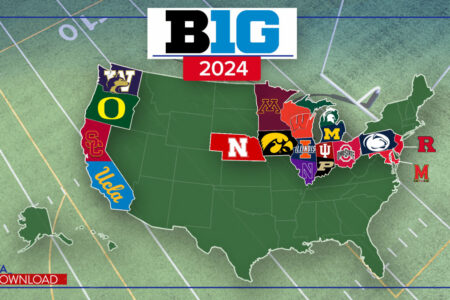 Map of the United States with logos of college sports teams representing the Big Ten conference in 2024, distributed across various states. The map has a football field background, and 