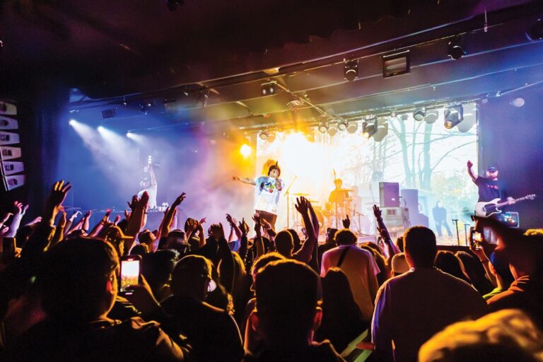 A vibrant concert scene with a performer on stage under colorful lights. The energetic crowd has their hands raised, and musicians play instruments in the background. The atmosphere is lively and dynamic, suggesting an exciting live music event.