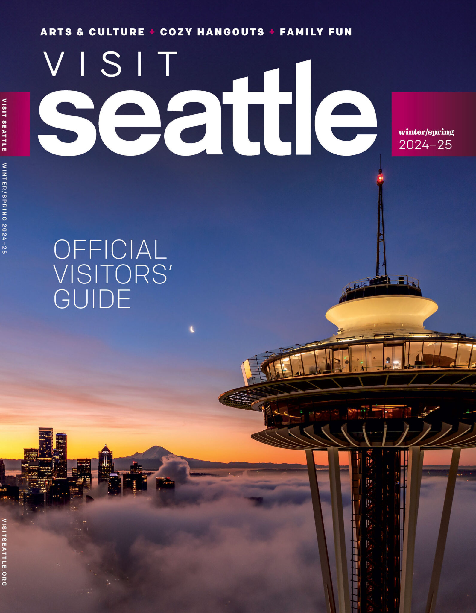 Cover of the "Visit Seattle" visitors' guide for winter/spring 2024-25. The Space Needle is featured prominently against a backdrop of a fog-covered city skyline at sunset, with a crescent moon visible in the sky.