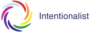 Logo of Intentionalist featuring a circular design made of multicolored curved lines in red, orange, yellow, green, blue, and purple, next to the word "Intentionalist" in dark blue text.