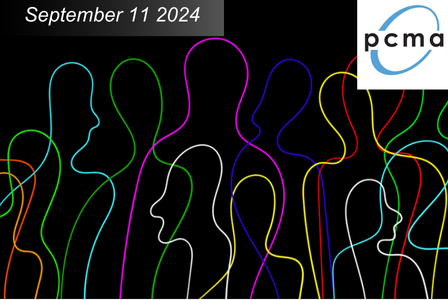 Abstract image of outlined human figures in various colors on a black background.