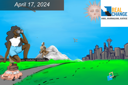 Illustration of a woman looking through binoculars at the Seattle sky line.