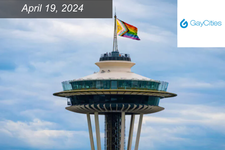 LGBTQIA+ flag flutters on top of the Space Needle