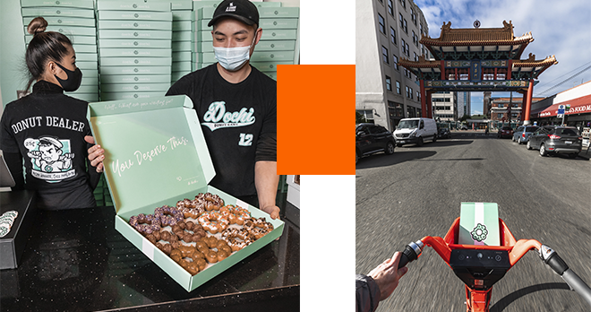 A masked man opening a box of Dochi Donuts and a person riding on a Jump bike.