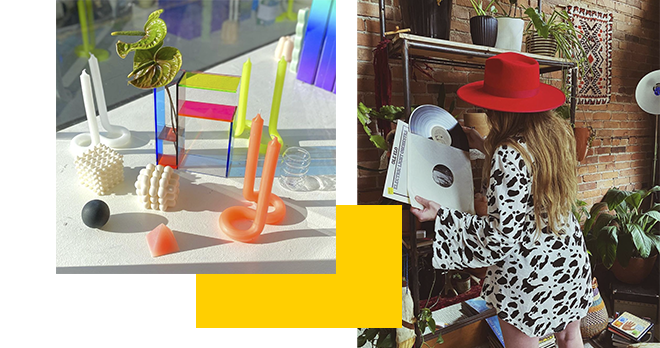 Left side shows colorful abstract objects on a white surface. Right side features a woman in a cow-print outfit and red hat looking at vinyl records in a cozy, plant-decorated room.