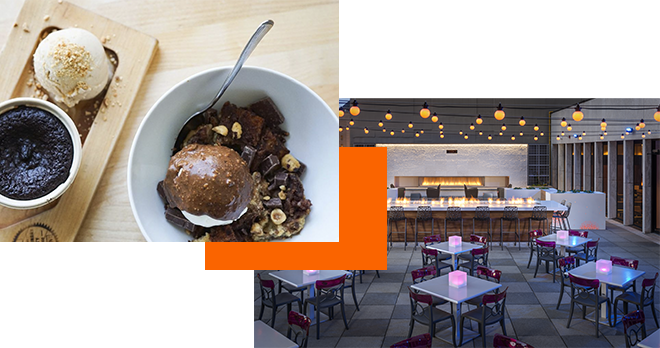 A split image showing a dessert with ice cream and a chocolate dish on the left, and a cozy restaurant interior with modern decor, tables, and hanging lights on the right.