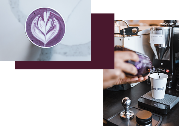 An purple ube late and a barista pulling an espresso shot at Hood Famous Bakeshop