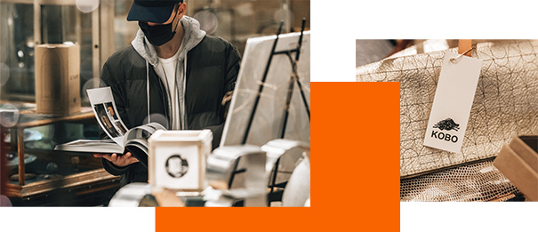 Masked man browsing through a book and a closeup of a tag at Kobo at Higo