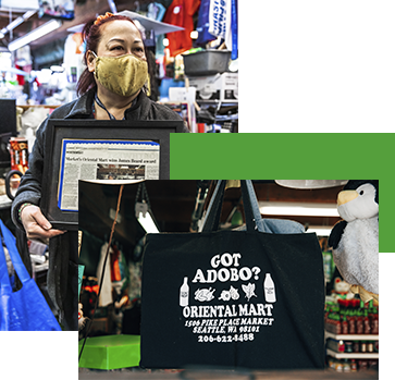 Masked woman holding newspaper clipping at Oriental Mart and black tote that reads, "Got Adobo?"