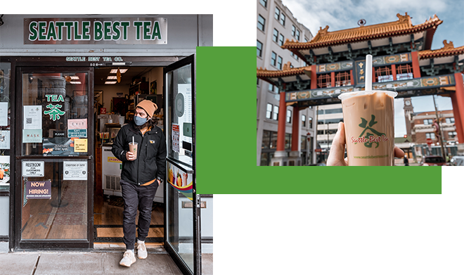 Masked woman exiting Seattle Best Tea and a closeup of milk tea in front of the China Gate.