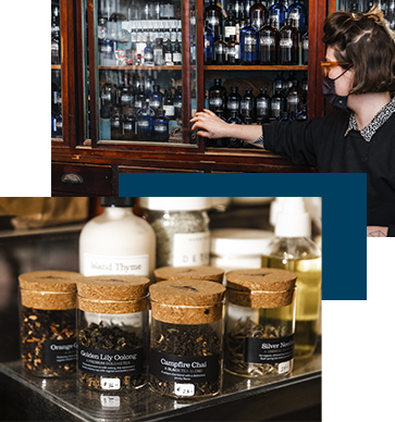 Masked woman pointing to a display and a closeup of loose leaf tea at Sugar Pill