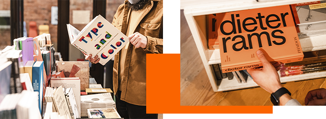 Interior images of design books at Peter Miller