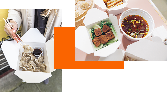 Dumplings & tofu in to-go boxes from Szechuan