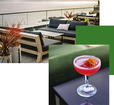 A rooftop terrace with modern seating overlooks a body of water at sunset. In the foreground, a cocktail glass with a bright red drink garnished with an orange flower sits on a table. Potted plants add a touch of greenery.